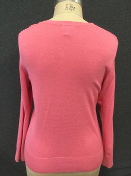 CHARTER CLUB, Bubble Gum Pink, Rayon, Nylon, Solid, Button Front, Scoop Neck, Ribbed Knit Neck/Waistband/Cuff