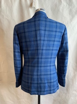 Mens, Suit, Jacket, TOPMAN, Royal Blue, Gray, Black, Polyester, Viscose, Glen Plaid, 40 R, Single Breasted, C.A., Peaked Lapel, 3 Pockets, 1 Button