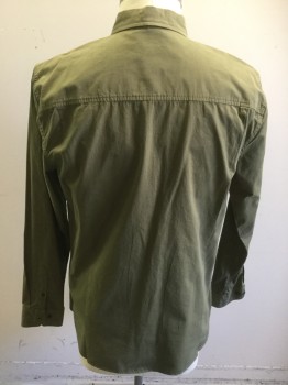 FRAME, Olive Green, Cotton, Solid, Button Front, Long Sleeves, Collar Attached, 2 Pockets, Stain and Discoloration See Detail Photos