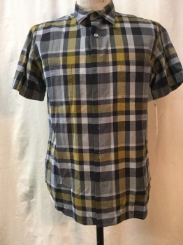 ANTO, Gray, Black, Green, Cotton, Plaid, Plaid, Button Front, Collar Attached, Short Sleeves, 2 Pockets,