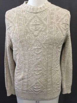Mens, Pullover Sweater, J CREW, Oatmeal Brown, Cotton, Fishnet, M, Nautical Anchor and Tight Fishnet Knit, Crew Neck,