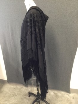NL, Black, Rayon, Floral, Square Shawl with Rayon Lace and Tassel Trim. Floral & Butterfly Embroidery ion One Side of the of the Shawl,