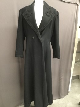 MTO, Black, Wool, Solid, Double Breasted, Peaked Lapel with Beautiful Ribbon Applique Detail on Lapel and Sleeves, Pleated Back