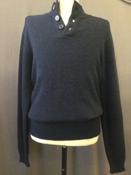 Mens, Pullover Sweater, RODD & GUNN , Navy Blue, Black, Wool, Solid, L, Rib Knit Collar/shoulders/sleeves, 3 Button Neck, Mock Neck