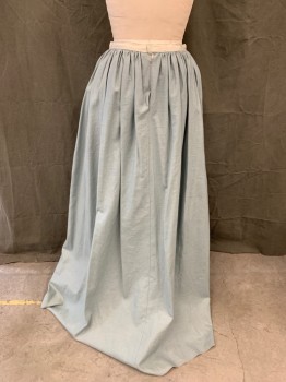 Womens, Historical Fiction Skirt, MTO, Aqua Blue, Linen, Solid, W 30, Gathered at Waistband, White Faille Waistband with Hook & Eye Center Back and Open Fly, Ankle Length, Overstitch Hem