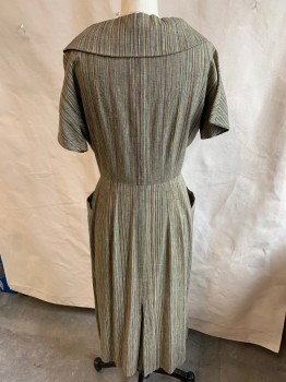 FOX 66, Olive Green, Blue, Red, Yellow, Plum Purple, Cotton, Linen, Stripes - Vertical , 3/4 Length, V-neck with Large Collar Attached, Self Cover Button Front, Short Sleeves, 2 Pockets on Skirt Front, Split Center Back Hem, (**1-missing the Last Button at Bottom, 2-ripped at 2nd Button From Bottom, 3-ripped/tare at Split Back Bottom**)