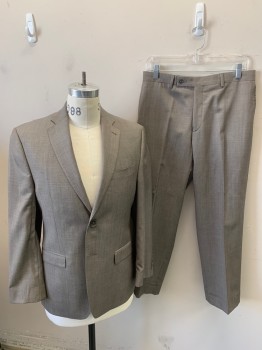 CALVIN KLEIN, Putty/Khaki Gray, Wool, Oxford Weave, Jacket, 2 Buttons, 3 Pockets, Notched Lapel, 4 Button Cuffs, Double Vent