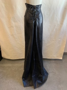 MTO, Black, Leather, Solid, Rounded V Waistband, Lace Back, Hook Closures on Placket, Leather Lacing