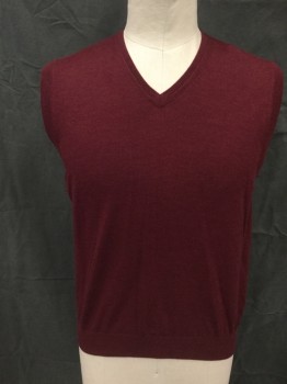 Mens, Sweater Vest, LEO CHEVALIER, Brick Red, Wool, Solid, 44, Pullover, V-neck, Ribbed Knit Neck/Armholes/Waistband