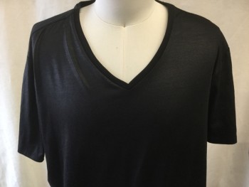 GUESS, Iridescent Black, Polyester, Solid, Short Sleeves, V-neck, Pullover,