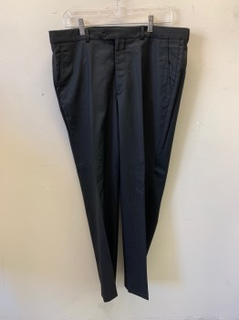 ARMANI, Black, Midnight Blue, Wool, Stripes - Vertical , Stripes - Pin, Slacks, Flat Front, Extended Waistband with Button, 2 Slant Pockets, 2 Double Welt Pockets with Buttons