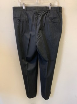 ARMANI, Black, Midnight Blue, Wool, Stripes - Vertical , Stripes - Pin, Slacks, Flat Front, Extended Waistband with Button, 2 Slant Pockets, 2 Double Welt Pockets with Buttons