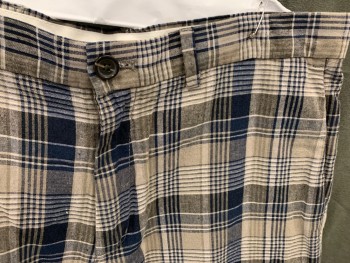Mens, Shorts, BANANA REPUBLIC, Navy Blue, Taupe, White, Linen, Cotton, Plaid, 34, Flat Front, 4 Pockets, Zip Fly, Belt Loops