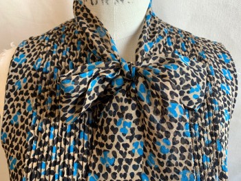 DVF, Khaki Brown, Black, Turquoise Blue, Silk, Abstract , Sheer, Solid Black Lining, Collar Attached with Self Short Tie, Pleat Yoke Front, Button Front, Sleeveless, Uneven Hem