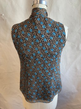 DVF, Khaki Brown, Black, Turquoise Blue, Silk, Abstract , Sheer, Solid Black Lining, Collar Attached with Self Short Tie, Pleat Yoke Front, Button Front, Sleeveless, Uneven Hem