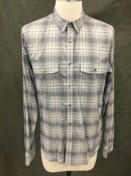 Mens, Casual Shirt, THEORY, Gray, Navy Blue, White, Cotton, Plaid, M, Button Front, Collar Attached, Long Sleeves, Button Cuff, 2 Flap Pockets