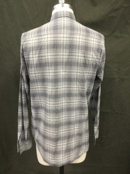THEORY, Gray, Navy Blue, White, Cotton, Plaid, Button Front, Collar Attached, Long Sleeves, Button Cuff, 2 Flap Pockets