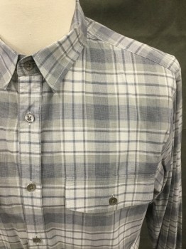 Mens, Casual Shirt, THEORY, Gray, Navy Blue, White, Cotton, Plaid, M, Button Front, Collar Attached, Long Sleeves, Button Cuff, 2 Flap Pockets