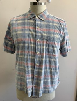 Mens, Casual Shirt, TOMMY BAHAMA, Dusty Blue, Faded Red, Cream, Cotton, Plaid, XL, Ribbed Brushed Cotton (Feels Like Corduroy), Short Sleeve Button Front, Collar Attached, 1 Patch Pocket