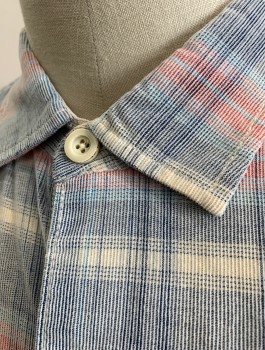 TOMMY BAHAMA, Dusty Blue, Faded Red, Cream, Cotton, Plaid, Ribbed Brushed Cotton (Feels Like Corduroy), Short Sleeve Button Front, Collar Attached, 1 Patch Pocket