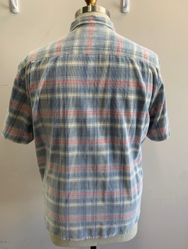 TOMMY BAHAMA, Dusty Blue, Faded Red, Cream, Cotton, Plaid, Ribbed Brushed Cotton (Feels Like Corduroy), Short Sleeve Button Front, Collar Attached, 1 Patch Pocket