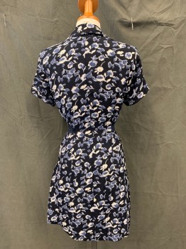 REFORMATION, Black, Steel Blue, White, Viscose, Floral, Button Front, Short Sleeves, Rounded Collar, Notched Lapel, 2 Pockets, Navy Blue Solid Belt Attached at Back