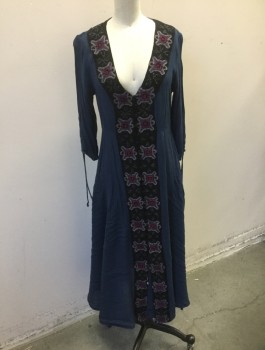 Womens, Dress, Long & 3/4 Sleeve, FREE PEOPLE, Navy Blue, Black, Gray, Red Burgundy, Purple, Rayon, Solid, Geometric, Sz.4, Gauze, Panel at Center Front with Gray. Burgundy & Purple Geometric Textured Appliques, 3/4 Sleeves with Drawstring Ruching at Ends, V-neck, Self Fabric Buttons at Front, Midi Length ***Barcode on Back of Pocket