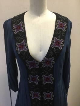 Womens, Dress, Long & 3/4 Sleeve, FREE PEOPLE, Navy Blue, Black, Gray, Red Burgundy, Purple, Rayon, Solid, Geometric, Sz.4, Gauze, Panel at Center Front with Gray. Burgundy & Purple Geometric Textured Appliques, 3/4 Sleeves with Drawstring Ruching at Ends, V-neck, Self Fabric Buttons at Front, Midi Length ***Barcode on Back of Pocket