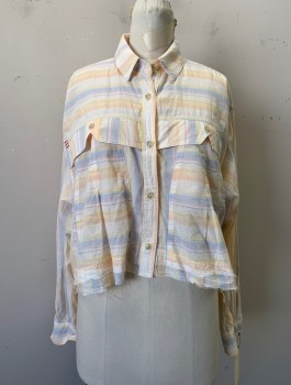 BDG, White, Lt Blue, Peach Orange, Yellow, Purple, Cotton, Stripes - Vertical , Button Front, Collar Attached, Long Sleeves, 2 Flap Pockets with Button Closure, Pleated Detail, Raw Edge Hem, Cropped