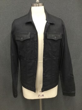 Mens, Jean Jacket, 7 FOR ALL MANKIND, Navy Blue, Cotton, Polyester, Solid, L, Coated Cotton, Button Front, Collar Attached, Long Sleeves, 4 Pockets, Button Tabs Back Waist