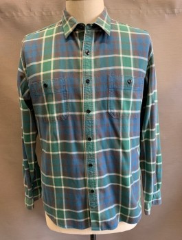 J.CREW, Green, Dk Blue, White, Charcoal Gray, Cotton, Plaid, Flannel, Long Sleeve Button Front, Collar Attached, 2 Pockets