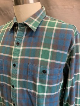 J.CREW, Green, Dk Blue, White, Charcoal Gray, Cotton, Plaid, Flannel, Long Sleeve Button Front, Collar Attached, 2 Pockets