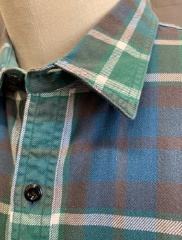 Mens, Casual Shirt, J.CREW, Green, Dk Blue, White, Charcoal Gray, Cotton, Plaid, XL, Flannel, Long Sleeve Button Front, Collar Attached, 2 Pockets