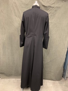 Unisex, Cassock, CHURCH STORES, Black, Wool, Solid, 38, Fabric Covered Button Front, Stand Collar, Long Sleeves, Oversized Folded Back Cuff, Floor Length Hem, Pleated Center Back, Side Seam Pleats with Pocket Slits