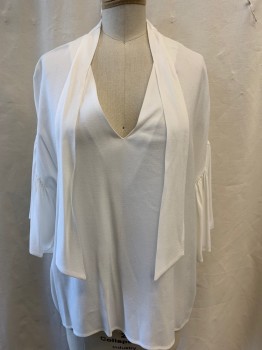 ZARA, White, Viscose, Pullover, V-neck, 3/4  Bell Sleeves, Neck Tie Attached, 1 Inverted Pleat on Back