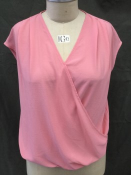 GIBSON, Pink, Polyester, Spandex, Solid, Surplice, V-neck, Pleated at Shoulders, Cap Sleeves