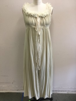 MTO, Lt Beige, Silk, Solid, Silk Georgette, Sleeveless, Smocked Under the Bust, Pleated Net Along Neckline, Ribbons Tie Center Front, Buttons Down Center Front,