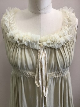 Womens, Historical Fiction Dress, MTO, Lt Beige, Silk, Solid, B34, Silk Georgette, Sleeveless, Smocked Under the Bust, Pleated Net Along Neckline, Ribbons Tie Center Front, Buttons Down Center Front,