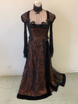 Womens, Historical Fict 2 Piece Dress, MTO, Burnt Orange, Dk Brown, Black, Silk, Nylon, Floral, W 28, B 38, BODICE- Burnt Orange Under Layer, Black Chantilly Lace Over Layer, Black Wrinkle Chiffon Long Sleeves with Pintucks at Upper Arm, Petal Short Sleeves Edged in Pleated Velvet, Orange Embroidery at Bust to High Neck, Jet Black Antique Beading Bust/Neck/Left Side Waist, Hooks & Bars Center Back, Inner Ties to Hold Up Weight of Skirt, Lightly Boned