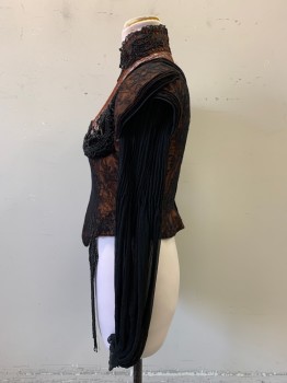 MTO, Burnt Orange, Dk Brown, Black, Silk, Nylon, Floral, BODICE- Burnt Orange Under Layer, Black Chantilly Lace Over Layer, Black Wrinkle Chiffon Long Sleeves with Pintucks at Upper Arm, Petal Short Sleeves Edged in Pleated Velvet, Orange Embroidery at Bust to High Neck, Jet Black Antique Beading Bust/Neck/Left Side Waist, Hooks & Bars Center Back, Inner Ties to Hold Up Weight of Skirt, Lightly Boned