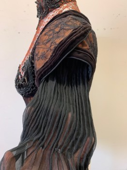 Womens, Historical Fict 2 Piece Dress, MTO, Burnt Orange, Dk Brown, Black, Silk, Nylon, Floral, W 28, B 38, BODICE- Burnt Orange Under Layer, Black Chantilly Lace Over Layer, Black Wrinkle Chiffon Long Sleeves with Pintucks at Upper Arm, Petal Short Sleeves Edged in Pleated Velvet, Orange Embroidery at Bust to High Neck, Jet Black Antique Beading Bust/Neck/Left Side Waist, Hooks & Bars Center Back, Inner Ties to Hold Up Weight of Skirt, Lightly Boned