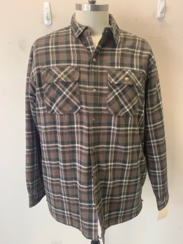 Mens, Casual Shirt, WOLVERINE, Brown, Forest Green, Off White, Cotton, Plaid, XL, Snap Front, Long Sleeves, Flannel, Collar Attached, 2 Pockets, Quilted Inside, Shirt Jacket