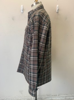 WOLVERINE, Brown, Forest Green, Off White, Cotton, Plaid, Snap Front, Long Sleeves, Flannel, Collar Attached, 2 Pockets, Quilted Inside, Shirt Jacket