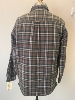 Mens, Casual Shirt, WOLVERINE, Brown, Forest Green, Off White, Cotton, Plaid, XL, Snap Front, Long Sleeves, Flannel, Collar Attached, 2 Pockets, Quilted Inside, Shirt Jacket