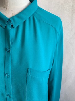 Womens, Blouse, TROUVE, Teal Green, Polyester, Solid, B: 40, M, Sheer Chiffon, Button Front, CA, 1 Pocket, L/S, Button Cuff