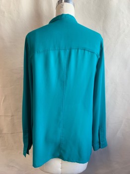 Womens, Blouse, TROUVE, Teal Green, Polyester, Solid, B: 40, M, Sheer Chiffon, Button Front, CA, 1 Pocket, L/S, Button Cuff