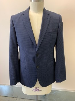 Mens, Suit, Jacket, HUGO BOSS, Navy Blue, Black, Wool, Gingham, 42R, Notched Lapel, Single Breasted, Button Front, 2 Buttons, 3 Pockets
