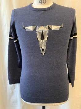 Mens, Pullover Sweater, JNMD, Gray, Black, White, Cashmere, Acrylic, Geometric, L, Gray, Light Gray, White, & Black, Geometric, Color Block, Bull Embroidered on Center Front, Crew Neck, Long Sleeves, Black & White Stripe on Sleeve