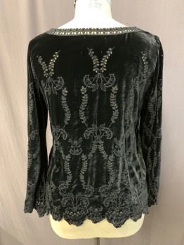Womens, Top, JOHNNY WAS, Black, Rayon, Silk, Solid, Floral, L, Velvet, Floral Eyelet Embroidery, V-neck with Embroidery Placket and String Across Neck, Boat Neck with Open Embroidery, Bell Long Sleeves