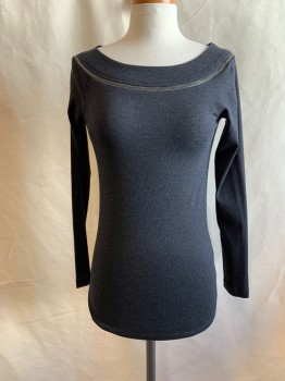 Womens, Top, BRUNELLO CUCINELLI, Charcoal Gray, Cotton, Elastane, S, Ribbed Knit Bateau/Boat Neck with Beaded Netting Detail, Raglan Long Sleeves